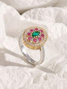 1PC Retro Boho Red Cubic Zirconia Two Tone Golden Ring For Women Unique Silvery Ring Turkish Handmade Ring Daily Party Vacation Jewelry Gifts - Style 1 - View 9