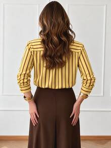 Plus Size Women's Striped Collared Shirt Long Sleeve Button-Up Top, Suitable For Spring And Autumn College Style Outfit - Yellow - View 2
