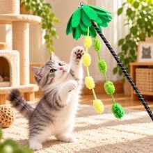 1pc Summer Fresh Coconut Tree Cat Teaser Wand, Non-Woven Fabric Tassel Pom Pom Long Pole Cat Toy, Durable Bite-Resistant Boredom Relief For Cats - View 1