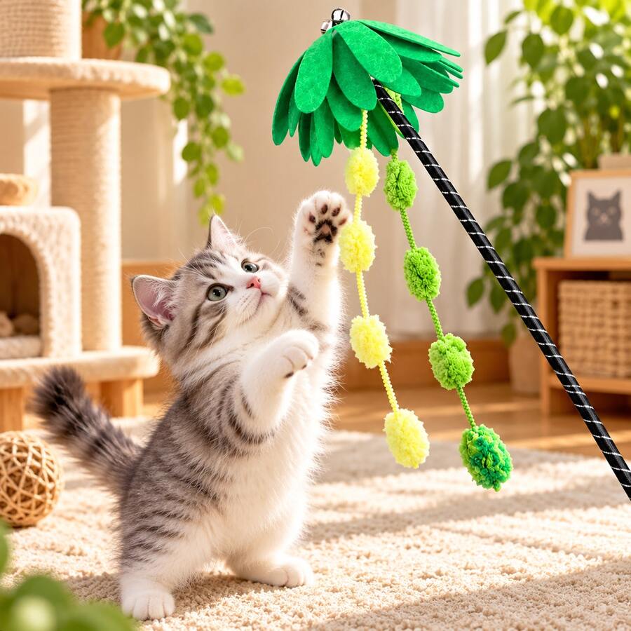 1pc Summer Fresh Coconut Tree Cat Teaser Wand, Non-Woven Fabric Tassel Pom Pom Long Pole Cat Toy, Durable Bite-Resistant Boredom Relief For Cats - View 1