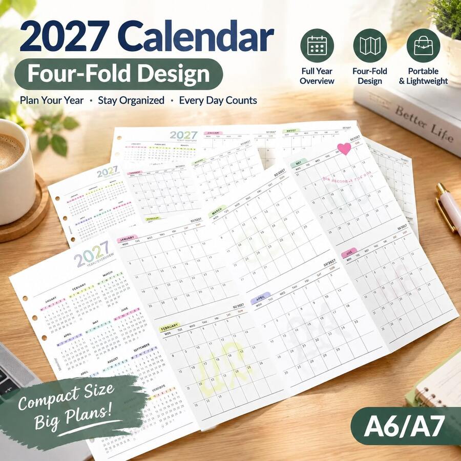 A6/A7 2027 إدراجات تقويم سنوي رباعي الطي، صفحة مخطط سنوي محمول، جدول زمني سنوي بسيط قابل للكتابة لتتبع المذكرات والجدولة