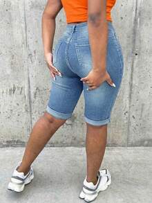 Spring Summer Casual Women's Distressed Stretch Denim Shorts For Commuting Daily Wear - Light Wash - View 4