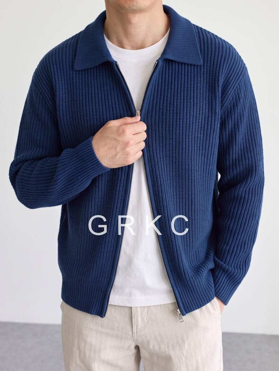 GRKC 男士雙拉鍊針織開襟毛衣,時尚休閒寬鬆版型,秋冬款 - 藍色 - 查看 1
