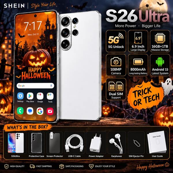 Halloween Gift: Unlocked S26 Ultra 5G Phone, 8000mAh, 6.9" HD Screen, 8+256GB, 108MP, Android 15