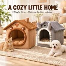 Cute House-Shaped Cat Bed With Matching Mat, Indoor Plush Pet Cave Bed, Suitable For Cats And Small Dogs, Brown/Grey, S/M/L - Grey - View 4