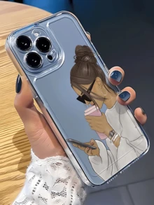 1件太空慵懶咖啡女孩極簡個性化TPU防摔全包手機殼，適用於Apple 18 17 16 15 14 13 12 11 Pro Max，保護殼Air，兼容三星系列 - 彩色 - 查看 2