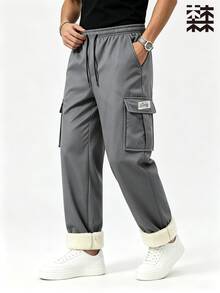 Mulinsen 男士抓絨內裡工裝長褲，冬季寬鬆直筒多口袋抽繩腰保暖休閒長褲 - 灰色 - 查看 4