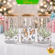 Disney Winnie The Pooh Christmas Glass Tumbler With Bamboo Lid & Straw, Iced Coffee Cup Holiday Gift - Winnie - View 12