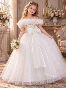 Girls' 3D Floral Off-Shoulder Embroidered Tulle Party Dress, Princess Gown For Birthday, Performance, Flower Girl - White - View 2