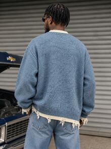 BLACKTOEXIT Men's Crew Neck Loose Korean Style Lazy 2 In 1 Distressed Knit Sweater, Autumn/Winter - Blue - View 4