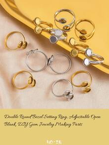 10pcs Gold Double Round Bezel Adjustable Ring Blank, DIY Jewelry Making Supply, Valentine Christmas Craft - Ring Setting - View 2