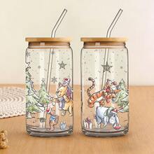 Disney Winnie The Pooh Christmas Glass Tumbler With Bamboo Lid & Straw, Iced Coffee Cup Holiday Gift - Winnie - View 5