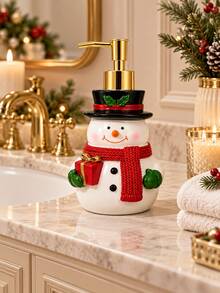 Snowman Christmas Soap Dispenser With Gold-Tone Pump, Refillable Hand Soap Lotion Bottle, Festive Bathroom Counter Decor, Holiday Home Decor Gift - Snowman Bottle - View 4