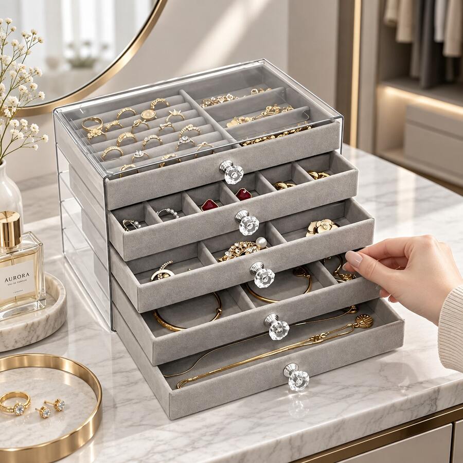 1pc Transparent Acrylic Drawer Jewelry Storage Box, Velvet Jewelry Storage Box, Suitable For Earrings, Rings, Necklaces, Bracelets, Anti-Oxidation Multi-Functional Jewelry Display Box, Home Bedroom Vanity Dresser Wardrobe Storage, Suitable For Women, Girls, Teenagers - Multicolor - View 1