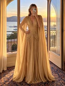 Kliou Elegant Maxi Dress Women Folds Mesh Cloak See Through Hem V-Neck Tassel Wedding Party Summer Chic Fashion - Khaki - View 8