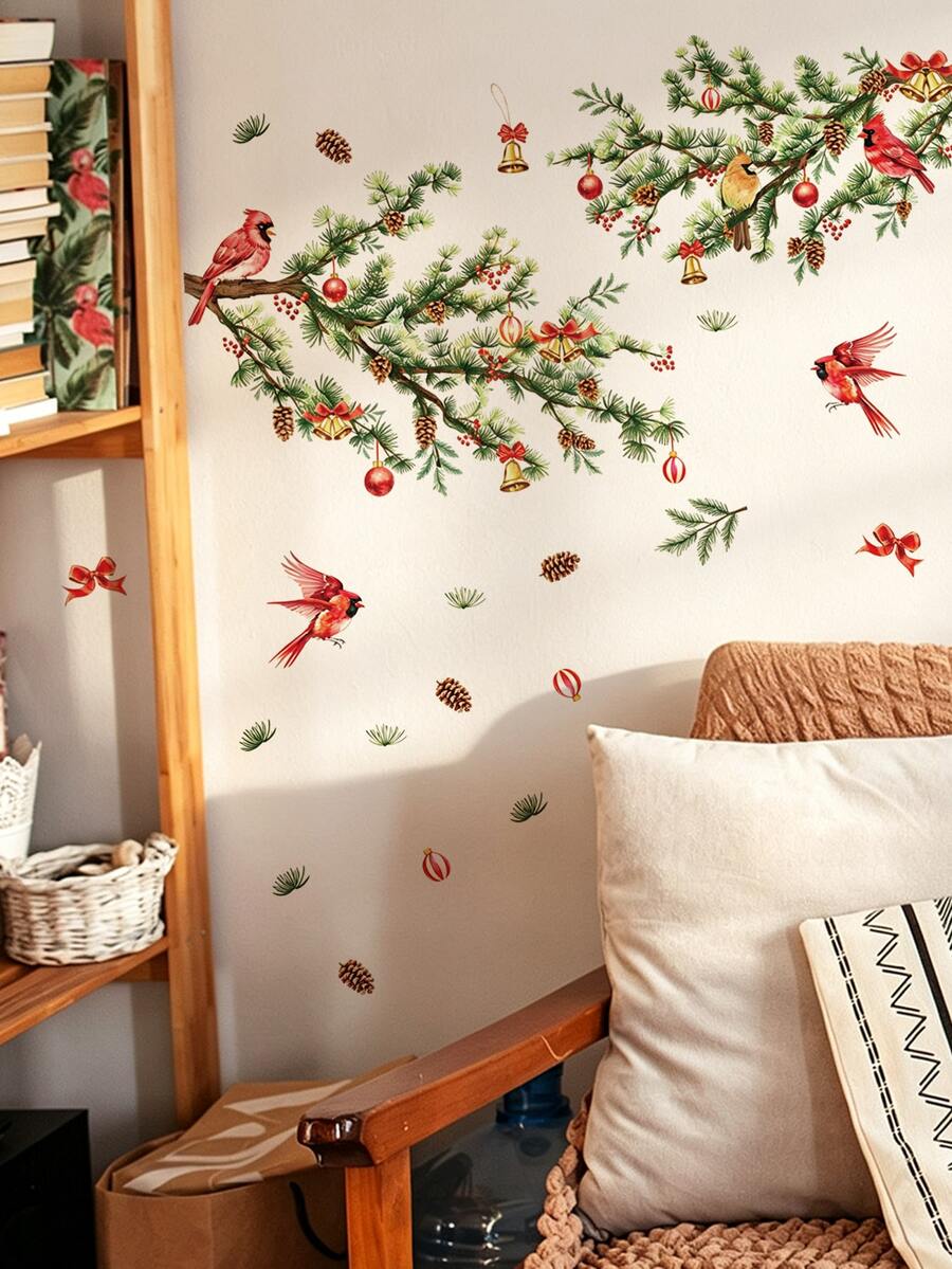 Watercolor Red Cardinal Pine Branch Wall Decal, Orange Kitten Perched On Christmas Pine Branch, Robin Wearing Red Hat, Red Berries, DIY Peel And Stick Vinyl Sticker, Bedroom Kitchen Bathroom Wall Refrigerator Cabinet Toilet Window Christmas Atmosphere Decor, Gift - Multicolor - View 1