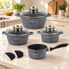 Elitehoff 9-Piece Nonstick Cookware Set, Marble-Effect Pots & Saucepan, 3 Glass Lids, Induction Compatible, 16–24 Cm, Black Or Grey - View 2