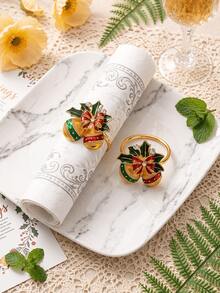 1-12pcs Red & Green Enamel Rhinestone Double Bell Napkin Rings, Vintage Luxurious Alloy Gold-Plated Bow & Holly Leaf Napkin Holders, Christmas Table Party Decor - Multicolor - View 8