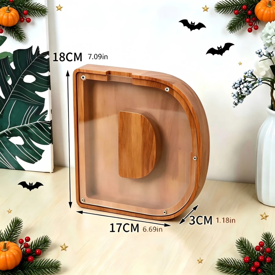 English Letter Solid Wood Coin Bank, Transparent Visible Desktop, Vintage Storage Decorative Ornament, Detachable Acrylic, Home Decor Collection Prop, Natural Wood Style Letter Coin Storage Box, Niche Creative Holiday Commemorative Gift Desktop Ornament