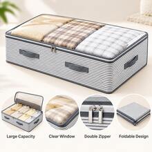 1/3pcs Large Capacity Underbed Storage Bags, Dust-Proof Foldable Clothes Storage Box With Transparent Window And Sturdy Handle, Striped Design, Suitable For Seasonal Clothing, Blankets, Bedroom Closet, College Dorm, Moving, Back To School And Home Storage Essentials - Stripe Pattern - View 6