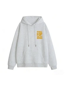 女款復古字母圖案連帽衛衣，寬鬆落肩長袖袋鼠口袋休閒套頭運動衫，秋冬款 - 花灰色 - 查看 5