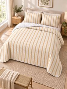 3pcs Quilted Bedspread Set With Milk Apricot Fine Stripe Pattern (1 Bedspread, 2 Pillowcases, Pillow Inserts Not Included), Breathable And Comfortable, Suitable For All Seasons, Holiday Gift, Ideal For Hotels, Inns, Bedrooms, Ultra-Soft Breathable And Moisture-Wicking Bedding - Multicolor - View 6