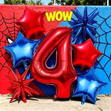 7pcs 32 Inch Red Number With Red & Blue Star And Explosion Star Foil Balloon Set, Suitable For Superhero Theme Birthday Party Decoration - View 4