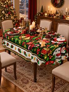 Cartoon Santa Claus Snowman Reindeer Gift Rectangular Tablecloth, Festive Red Green Gold Color Polyester Tablecloth, Candy Cane Bell Bow Holly Pattern, Suitable For Family Dining Room Kitchen Christmas Gathering, Children's Party And Holiday Home Decor - Multicolor - View 12