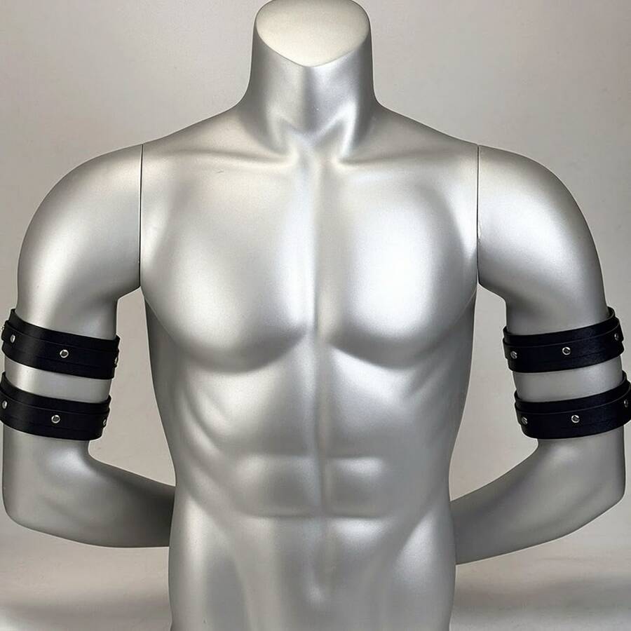 4件裝可調節PU皮革時尚男士臂環,哥德風袖套臂環,手臂飾品,男士配件 - 黑色 - 查看 1
