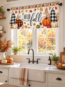 1pc Autumn Window Curtain, Hello Fall Pumpkin Maple Leaf Black & White Plaid Print Short Curtain, Suitable For Kitchen, Living Room, Dining Room, Bedroom And Thanksgiving Autumn Home Decor - Multicolor - View 3