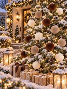 12pcs Neutral Color Velvet Christmas Balls, 6cm Brown, Light Brown, Ivory White Hanging Ball Ornaments, Suitable For Outdoor Christmas Tree, Porch Railing Wreath Decoration, Rustic Farmhouse Winter Holiday Decor - Brown and White Tones - View 2
