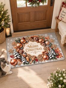 Christmas Merry Christmas Wreath Printed Rug, Soft Short Velvet Festive Floor Mat With Snowflake, Pinecone & Ornament Design, Cozy Holiday Area Rug For Living Room, Bedroom, Kitchen, Entryway & Balcony, Winter Christmas Home Decor - Christmas - View 2
