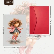 24pcs+1 Red Envelope Set Playful Seasonal Postcard Set, Featuring Charming Girl Illustrations And Warm Greetings, Suitable For Friends And Family, Daily Use, Vintage Aesthetic Stationery - Sets - View 3