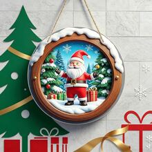 1pc 2D Santa Claus Snow Scene Decorative Sign, Round Acrylic Signboard - Suitable For Home Decor, Living Room, Bedroom, Study, Office, Room Decoration - A - View 1