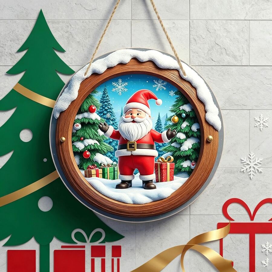 1pc 2D Santa Claus Snow Scene Decorative Sign, Round Acrylic Signboard - Suitable For Home Decor, Living Room, Bedroom, Study, Office, Room Decoration - A - View 1