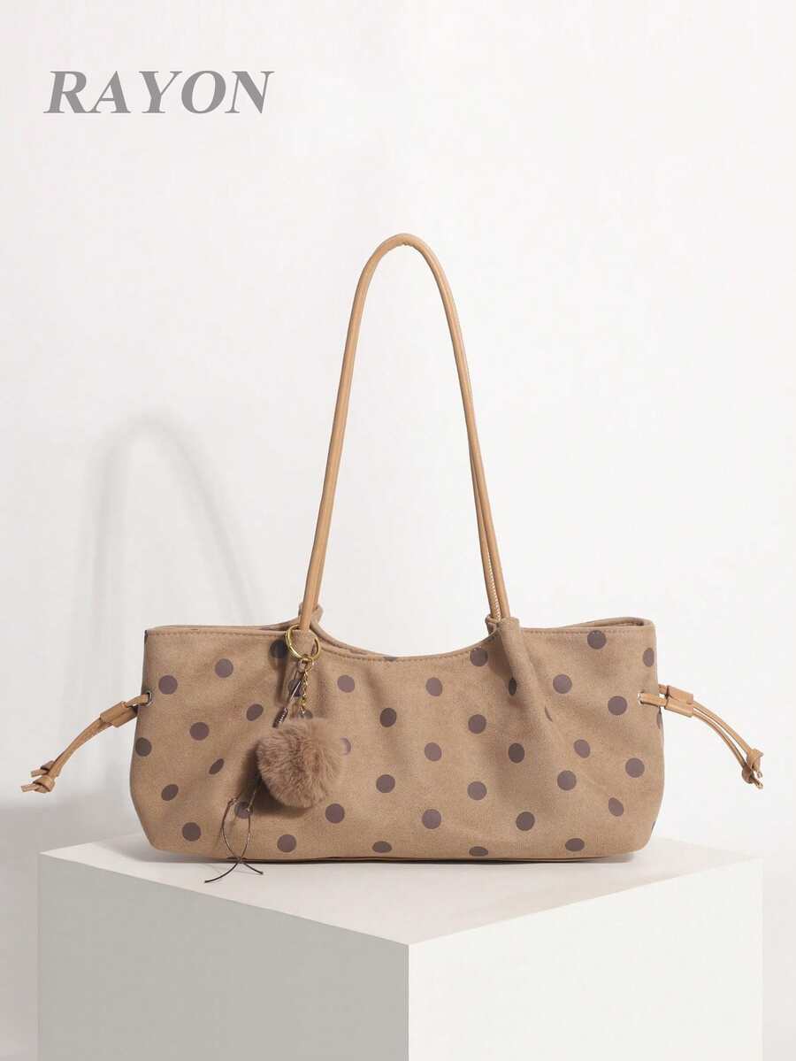 Khaki Polka Dot Underarm Tote Bag With Dual Drawstring Design, Women's Shoulder Bag With Pom Pom Pendant, Suitable For Commuting And Shopping - Khaki - View 1