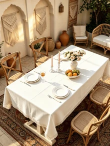 1/24PCS Bohemian White Tassel Edge Tablecloth, Washable And Reusable, Skin-Friendly And Absorbent, Suitable For Hotel, Wedding, Banquet, Picnic, Activity, Party, Gathering, Home Daily Decoration - White - View 3