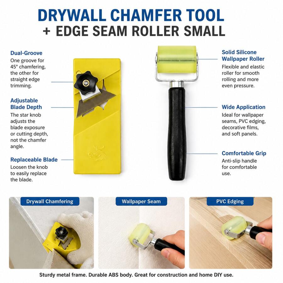 2 Pieces Set Drywall Chamfer Tool And Handheld Edge Banding Roller For Gypsum Board Leather Shoes Bags And Seam Pressing - Drywall Taper + Joint Roller - View 1