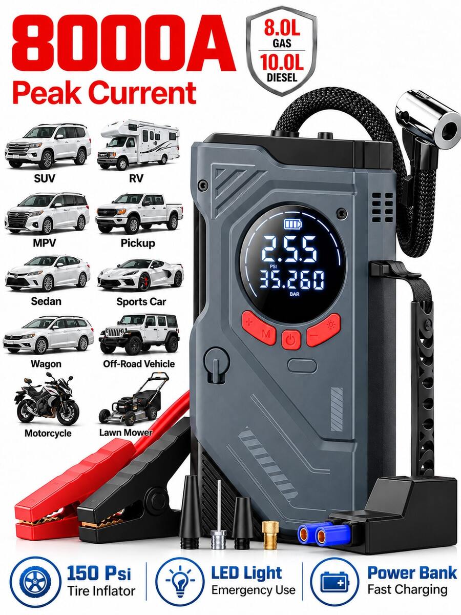 Alat Starter Mobil 8000A dengan Kompresor Udara 150PSI, Starter Aki Portabel, Layar Digital, Pompa Ban, Lampu LED, Power Bank, Cocok untuk SUV, RV, Pickup, Sepeda Motor, Perjalanan dan Wisata Darat, Hadiah untuk Pria dan Wanita - Wireless - View 1