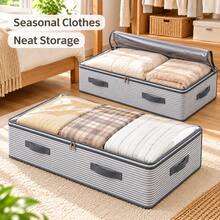 1/3pcs Large Capacity Underbed Storage Bags, Dust-Proof Foldable Clothes Storage Box With Transparent Window And Sturdy Handle, Striped Design, Suitable For Seasonal Clothing, Blankets, Bedroom Closet, College Dorm, Moving, Back To School And Home Storage Essentials - Stripe Pattern - View 5