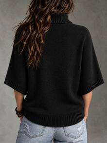 Women's High Neck Raglan Sleeve Knit Sweater, 3/4 Sleeve Cropped Pullover, Casual Autumn/Winter Daily Outing Top - Black - View 2