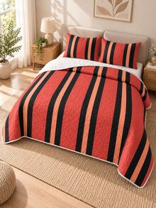 3pcs Red And White Striped Quilted Bedding Set (Bedspread*1, Pillowcases*2, Pillow Inserts Not Included) Breathable And Comfortable, Suitable For All Seasons, Holiday Gift, Ideal For Hotels, Inns, Bedrooms, Ultra-Soft Breathable And Sweat-Absorbent Bedding - Multicolor - View 6