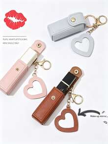 3/1pc PU Leather Lipstick Holder Keychain With Heart-Shaped Mirror, Multi-Color Portable Lipstick Case, Fashion Bag Charm Pendant, Women's Handbag Wallet Accessory, Suitable For Daily And Travel Use - Multicolor - View 10