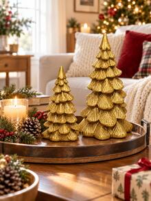 1PC Gold Resin Christmas Tree Tabletop Decor, Textured Holiday Ornament For Mantel, Shelf, Entryway And Living Room, Christmas Gift - Multicolor - View 3