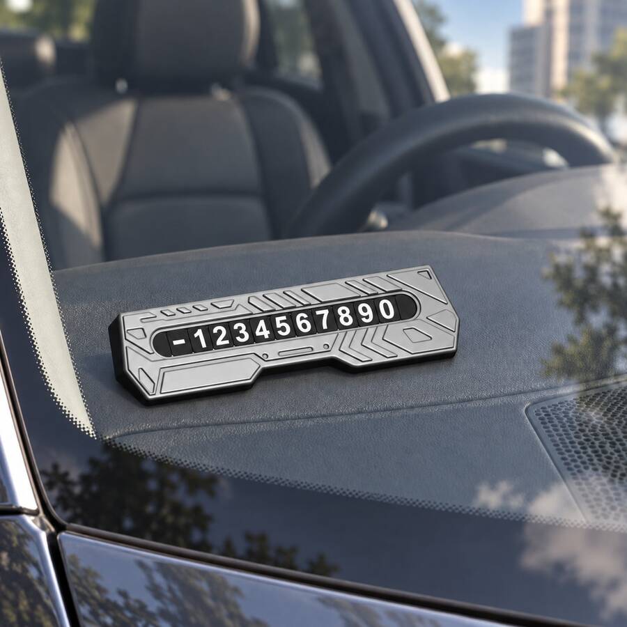Mecha-Style Zinc Alloy Parking Phone Number Plate With Customizable Digits, Silver-Gray Car Dashboard Accessory For Temporary Parking - A - View 1