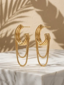 CAJUNI 1pair Fashionable Multilayer Circle Chain & Tassel Personalized Earrings Suitable For Daily Commute For Women - Gold - View 3