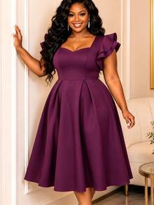 Plus Size Women Sweetheart Neckline Short Sleeve Ruched Hem Birthday Party Dress Elegant Summer - Purple-red - View 2
