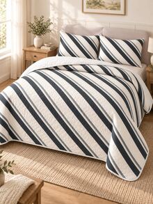 Set Sprei Quilted Motif Diagonal Tinta Arang 3pcs (1 Sprei, 2 Sarung Bantal, Isian Bantal Tidak Termasuk) Bernapas, Nyaman, Cocok untuk Semua Musim, Hadiah Liburan, Cocok untuk Hotel, Rumah Tamu, Kamar Tidur, Sprei Ultra Lembut, Bernapas, dan Menyerap Kelembapan - MultiWarna - View 1