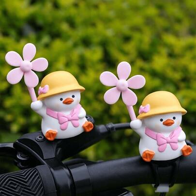 Yellow Hat Pink Bow Duck Windmill Car Dashboard Ornament, Cute Duck Dashboard Figurine, Universal Decoration For Bicycle, Electric Bike, Motorcycle, Car (1pc, 2 Options: Traceless Adhesive/Silicone Strap)