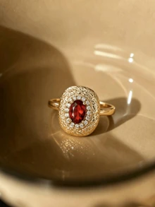 1pc Vintage Hammered Texture Gold Color Ring For Women Halo Red Cubic Zirconia Statement Ring Luxury Party Wedding Stackable Jewelry Accessories Gift - Ring - View 2